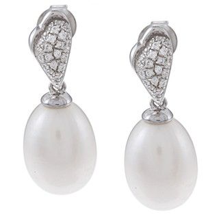 Kabella Sterling Silver Drop shape Freshwater Pearl CZ Puffy Heart shape Earrings (9 10mm) Kabella Jewelry Pearl Earrings