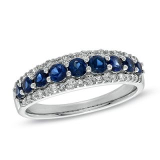 Sapphire and 1/3 CT. T.W. Diamond Band in 14K White Gold   Zales