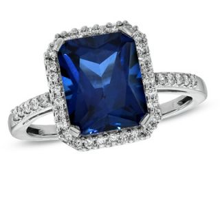 Emerald Cut Lab Created Blue and White Sapphire Ring in Sterling