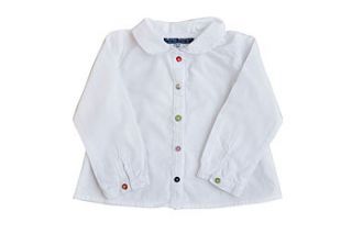 white shirt with multicoloured shell buttons by marley boutique