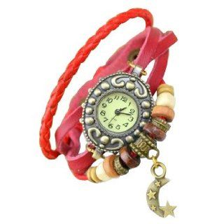 Red Color Women Ladies Crescent Pendant Weave Leather Belt Bracelet Watch Watches