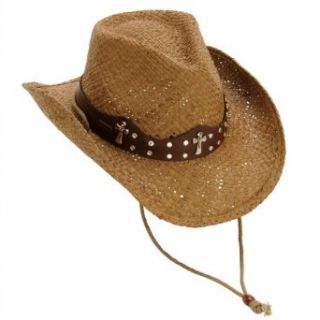 Beige Straw Cowboy Hat with Metallic Cross Detail