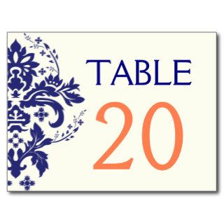 Damask navy blue, coral wedding table number post cards