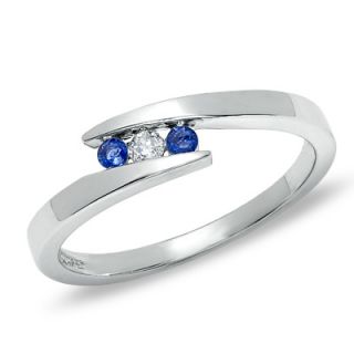 Sapphire and Diamond Accent Three Stone Bypass Ring in 10K White Gold
