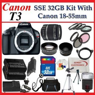 Canon EOS Rebel T3 (1100d) SLR Digital Camera w/ Canon 18 55mm Lens + 2 Extra Lens + Close Up Kit + 2 Batteries and charger + Hdmi Cable + 32GB SDHC Class 10 Memory Card + Soft Carrying Cases + Tripod & Much More  Digital Slr Camera Bundles  Camera 