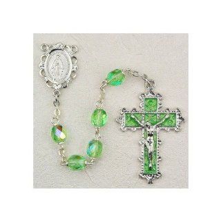 Deluxe Pewter 6mm Peridot Colored Rosary with Enamel Crucifix Pendant Necklaces Jewelry