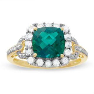 Cushion Cut Lab Created Emerald Frame Ring in 10K Gold with White