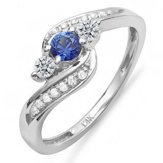 0.75 Carat (ctw) 14k White Gold Round Blue Sapphire & White Diamond Swirl Engagement 3 Stone Ring 3/4 CT Jewelry