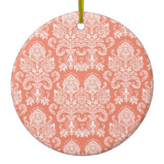 Coral Victorian Damask Christmas Ornaments