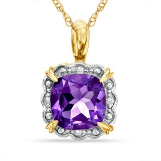 0mm Cushion Cut Amethyst and Diamond Accent Frame Pendant in 10K