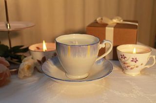 blue and yellow vintage teacup candle by teacup candles