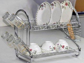 Chrome 2 Tiers Dish Drying Rack Drainer Dryer Tray Kitchen Rv Plate Cup Storage  