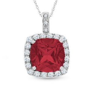 Lab Created Cushion Cut Ruby and White Sapphire Pendant in 10K White