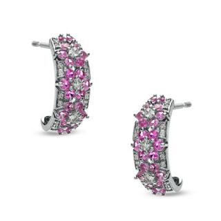 Lab Created Pink and White Sapphire Flower Hoop Earrings in Sterling