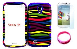 High Impact Hybrid Cover Case for Samsung Galaxy S4 IV I9500 Black Rainbow Zebra Design Snap on + Purple Gel (Included Screen Protector and Wristband By Wireless Fones Cell Phones & Accessories