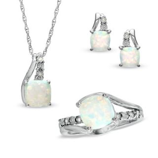Cushion Cut Lab Created Opal and Diamond Accent Three Piece Set in