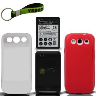 4300mAh Samsung Galaxy S3 Extended Battery, White Cover, Red Extended TPU Case, Replacement Wall Charger With Exclusive Black And Green Color Key Chain Cell Phones & Accessories