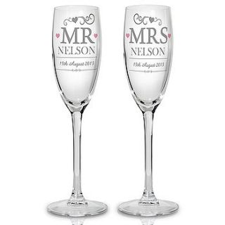 mr and mrs personalised champagne flutes by hope and willow