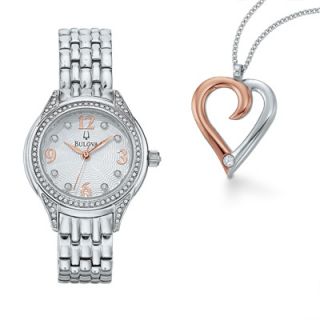 Ladies Crystal Accent Bulova Watch with Silver Dial and Heart Pendant