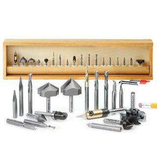 AMS 132 18 Pc CNC Signmaking Advanced Router Bit Set, 1/4 Inch Shank. Stored in Solid Wood Showcase   Trim Router Bits  
