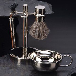 Four Piece Chrome Plated Shaving Shave Set Includes "Mach 3" Razor and Badger Brush,Stand with Removable Bowl Health & Personal Care