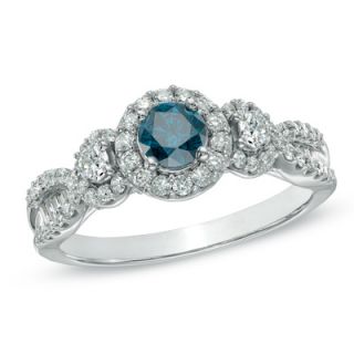 CT. T.W. Enhanced Blue and White Diamond Three Stone Engagement Ring