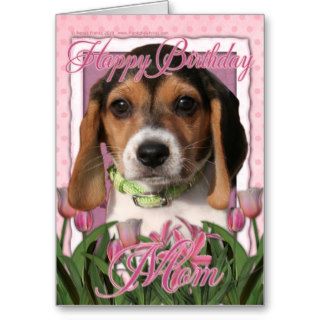 Happy Birthday   Pink Tulips   Beagle Puppy Greeting Cards
