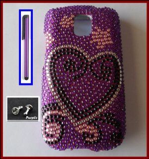 LG Optimus T P509/LG Phoenix P505/ LG Thrive P506 Glossy Diamonds Bling Purple Heart Design Snap on Case Cover Front/Back + Purple Stylus Touch Screen Pen + One FREE Purple 3.5mm Bling Headset Dust Plug Cell Phones & Accessories