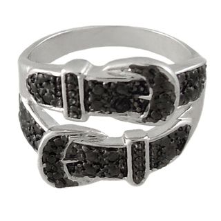 Finesque Silver Overlay Black Diamond Accent Double Row Belt Buckle Ring Finesque Diamond Rings