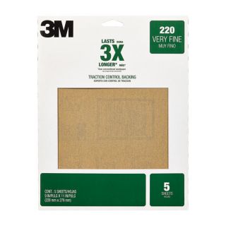 3M 5 Pack 220 Grit 9 in W x 11 in L Sandpaper Sheets