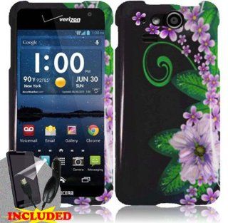 Kyocera Hydro Elite C6750 (Verizon) 2 Piece Snap On Glossy Image Case Cover, Pink Hibiscus Flower Design Black Cover + LCD SCREEN PROTECTOR & CAR CHARGER Cell Phones & Accessories