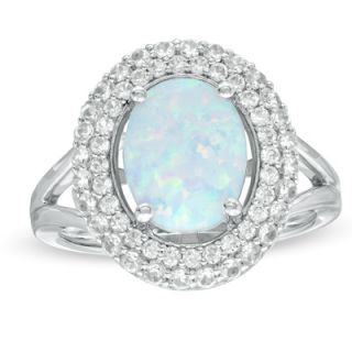 Oval Lab Created Opal and White Sapphire Ring in Sterling Silver