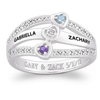 Couples Triple Heart Birthstone and Diamond Accent Ring in Sterling