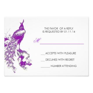 purple peacock drawing wedding RSVP cards