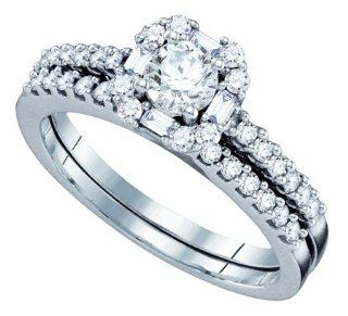 0.75 Carat (ctw) 14K White Gold Round & Baguette Diamond Ladies Bridal Engagement Ring Matching Band Set With 0.30 CT Round Center 3/4 CT Jewelry