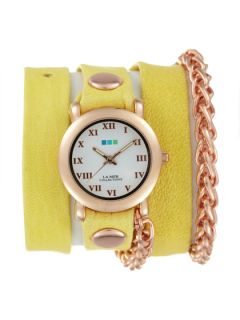 Womens Yellow Leather & Rose Gold Wrap Watch by La Mer Collections