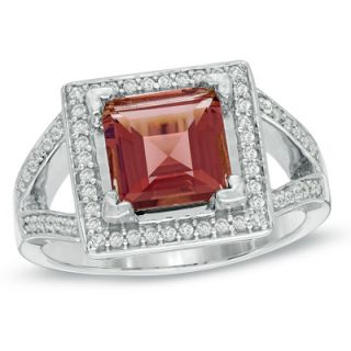0mm Cushion Cut Rhodolite and 1/4 CT. T.W. Diamond Frame Ring in