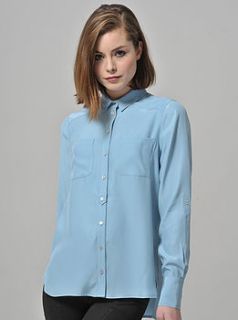 blue silk shirt, blouse by the shirt company
