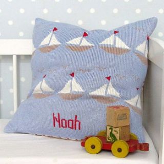 personalised knitted boats cushion by smitten