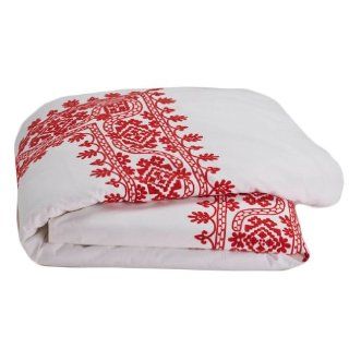 Coyuchi Organic Cotton Aari Embroidered Duvet Cover Full/Queen White w/Carmine   Comforter Geometric