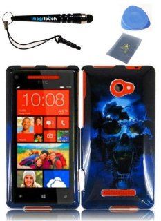 IMAGITOUCH(TM) 4 Item Combo For HTC Windows Phone 8X HTC 6990 HTC Zenith(AT & T, T Mobile, Verizon) Snap On Hard Shell Case Cover Phone Protector Faceplate   Blue Skull (Stylus Pen, ESD Shield Bag, Pry Tool, Phone Cover) Cell Phones & Accessories