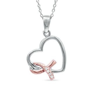 Diamond Accent Ribbon Heart Pendant in Sterling Silver and 10K Rose