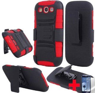Samsung Galaxy S3 III i9300 T999 i535BLACK RED SIDE STAND HOLSTER COMBO HARD PLASTIC SOFT GEL MOBILE PHONE CASE + SCREEN PROTECTOR, FROM [TRIPLE8ACCESSORIES] Cell Phones & Accessories
