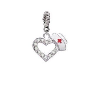 Small Swarovski Crystal Heart with Nurse Hat Silver Plated European Charm Dan Bead Charms Jewelry