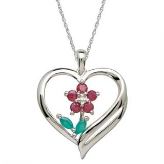 Emerald, Ruby and Diamond Accent Flower Heart Pendant in Sterling