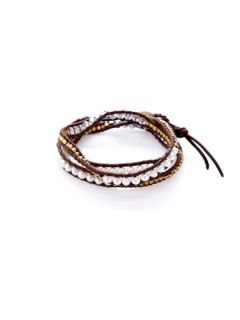 Brown Leather & Mother Of Pearl Wrap Bracelet by Chan Luu
