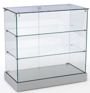 Retail Display Cabinet with Frameless Design, Tempered Glass Case with 2 Shelves, Swing open Door, MDF Base (Silver)  
