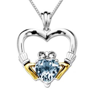 0mm Heart Shaped Aquamarine and Diamond Accent Claddagh Heart