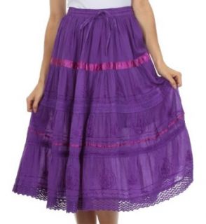 AA554M   Solid Embroidered Gypsy / Bohemian Mid Length Cotton Skirt   Purple/One Size Skorts
