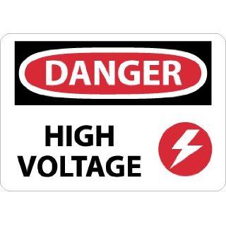 NMC D549EB OSHA Sign, Legend "DANGER   HIGH VOLTAGE" with Electrical2 Graphic, 14" Length x 10" Height, Fiberglass, Black/Red on White Industrial Warning Signs